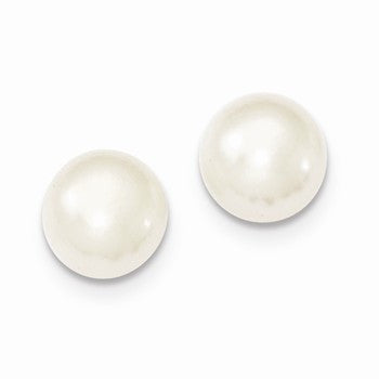 Sterling Silver 10-10.5mm White FW Cult. Button Pearl Stud Earrings