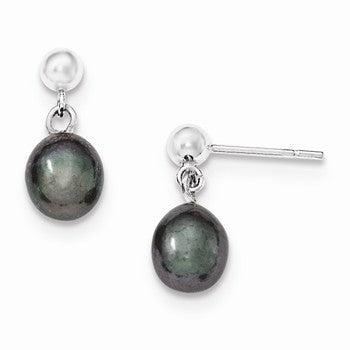 Sterling Silver 7-8mm Black Freshwater Cultured Pearl Earrings