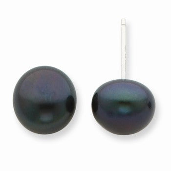 Sterling Silver 10-10.5mm FW Cult. Button Pearl Black Earrings