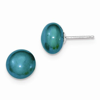 Sterling Silver 10-10.5mm FW Cult. Button Pearl Teal Earrings