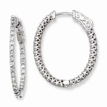 Sterling Silver Rhodium-plated CZ Hinged Oval Hoop Earrings