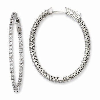 Sterling Silver Rhodium-plated CZ Hinged Oval Hoop Earrings