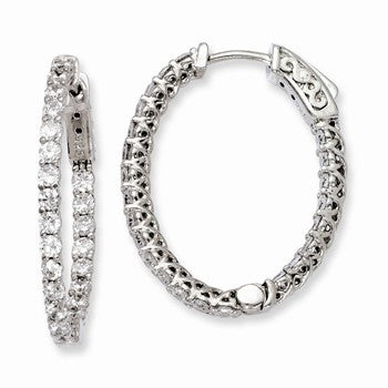 Sterling Silver Rhodium-plated CZ Hinged Oval Hoop Earrings