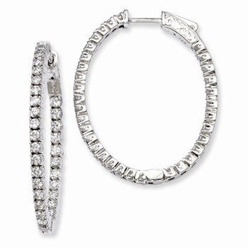 Sterling Silver Rhodium-plated CZ Hinged Oval Hoop Earrings