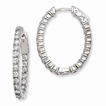 Sterling Silver Rhodium-plated CZ Hinged Oval Hoop Earrings