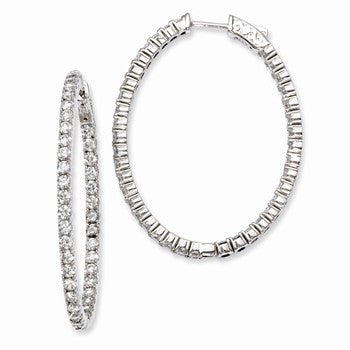 Sterling Silver Rhodium-plated CZ Hinged Oval Hoop Earrings