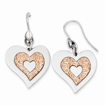 Sterling Silver Polished Heart Rose Gold-plated Heart Dangle Earrings