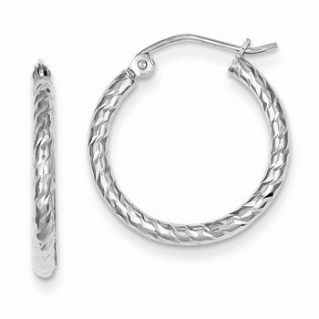 Sterling Silver Rhodium Plated Diamond-cut 2x20mm Hoop Earrings