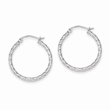 Sterling Silver Rhodium Plated Diamond-cut 2x25mm Hoop Earrings