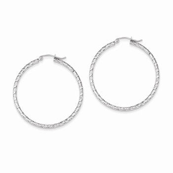Sterling Silver Rhodium Plated Diamond-cut 2mm x 40mm Hoop Earrings
