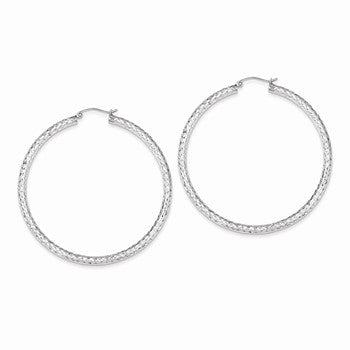 Sterling Silver Diamond-cut 3x55mm Hoop Earrings