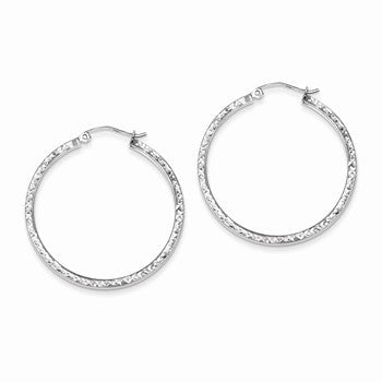 Sterling Silver Diamond-cut 2x35mm Square Tube Hoop Earrings