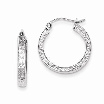 Sterling Silver Rhodium Plated Diamond-cut 3x20mm Hoop Earrings