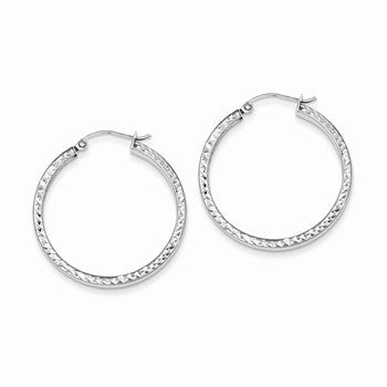 Sterling Silver Rhodium Plated Diamond-cut 3x30mm Hoop Earrings