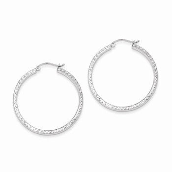 Sterling Silver Rhodium Plated Diamond-cut 3x35mm Hoop Earrings
