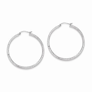 Sterling Silver Rhodium Plated Diamond-cut 3x40mm Hoop Earrings