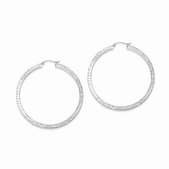 Sterling Silver Diamond-cut 3x55mm Square Tube Hoop Earrings