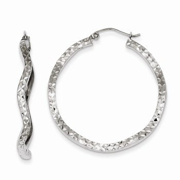 Sterling Silver Diamond-cut 2.5x35mm Wavy Square Tube Hoop Earrings