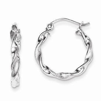 Sterling Silver Rhodium Plated Polished & Satin Twist Hoop Earrings