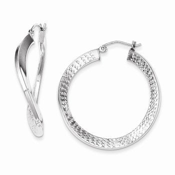 Sterling Silver Rhodium Plated Polished Diamond-cut Wavy Hoop Earrings
