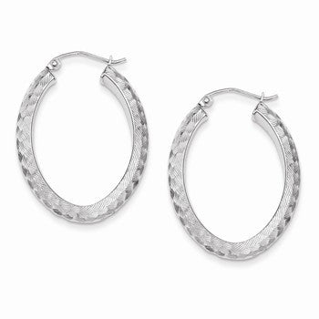 Sterling Silver Rhodium Plated Textured Oval Hoop Earrings
