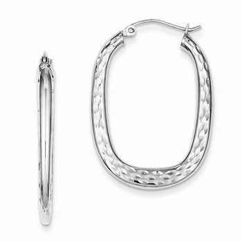 Sterling Silver Rhodium Plated Patterned Oval Hoop Earrings