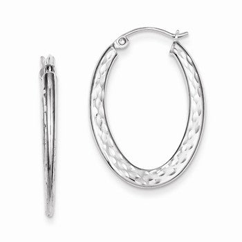 Sterling Silver Rhodium Plated Textured Oval Hoop Earrings