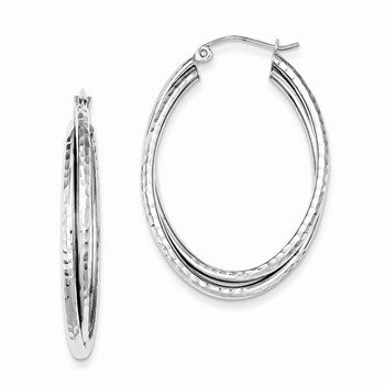 Sterling Silver Rhodium Plated Textured Oval Hoop Earrings