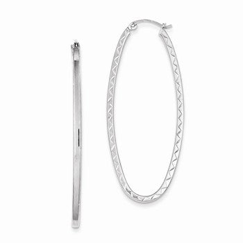 Sterling Silver Rhodium Plated Polished Diamond-cut Oval Hoop Earrings