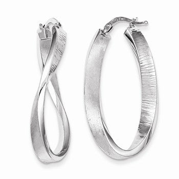 Sterling Silver Brushed Textured Hollow Oval Twist Hoop Earrings