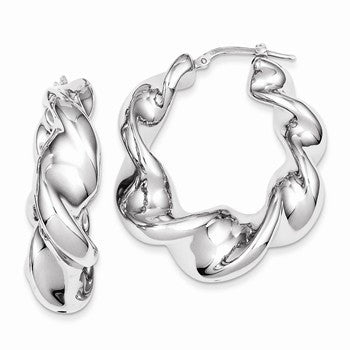 Sterling Silver Polished Rhodium Plated Twisted Hollow Hoop Earrings
