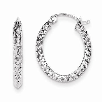 Sterling Silver Rhodium Plated Diamond-cut Oval Hoop Earrings