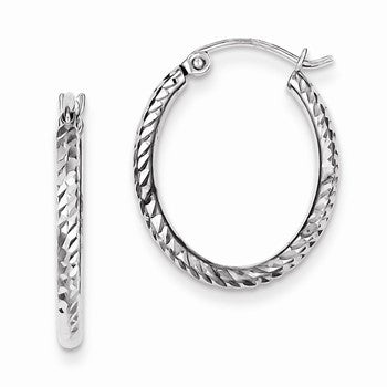 Sterling Silver Rhodium Plated Diamond-cut Oval Hoop Earrings