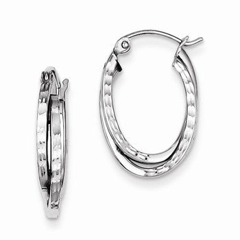 Sterling Silver Rhodium Plated Textured Double Oval Hoop Earrings