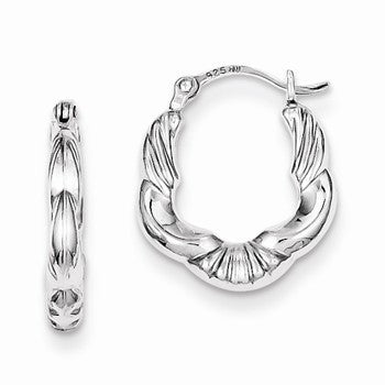 Sterling Silver Rhodium Plated Hollow Scalloped Hoop Earrings
