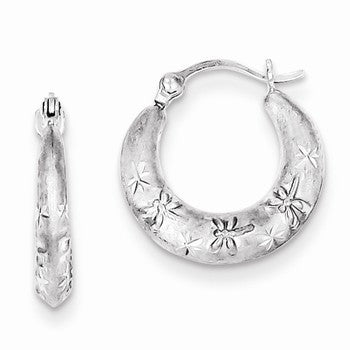 Sterling Silver Rhodium Plated Diamond-cut Hoop Earrings