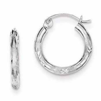Sterling Silver Rhodium Plated Diamond-cut Hoop Earrings