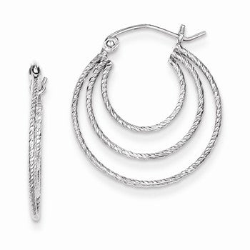 Sterling Silver Rhodium Plated Textured Fancy Circle Hoop Earrings
