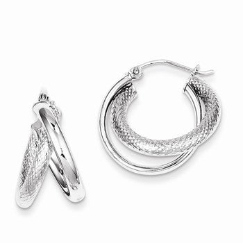 Sterling Silver Rhodium Plated Polished Diamond-cut Hoop Earrings