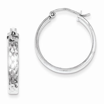 Sterling Silver Rhodium Plated Diamond-cut Hoop Earrings