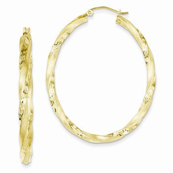 Sterling Silver Gold Plated Twisted Diamond-cut Satin Oval Hoop Earrings
