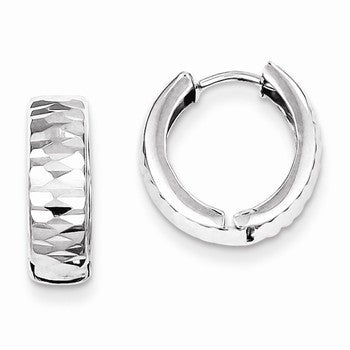 Sterling Silver Rhodium Polished Textured Hinged Hoop Earrings