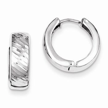 Sterling Silver Rhodium Polished Textured Hinged Hoop Earrings