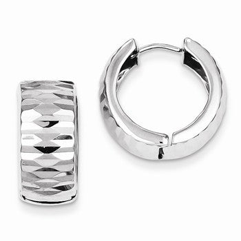 Sterling Silver Rhodium Polished Diamond-cut Hinged Hoop Earrings