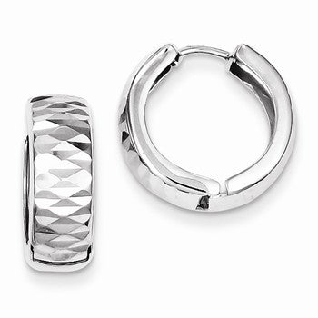 Sterling Silver Rhodium Diamond-cut Polished Hinged Hoop Earrings