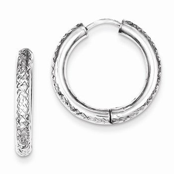 Sterling Silver Rhodium Polished Diamond-cut Hinged Hoop Earrings