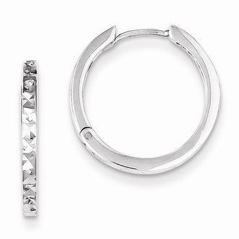 Sterling Silver Rhodium Polished Diamond-cut Hinged Hoop Earrings