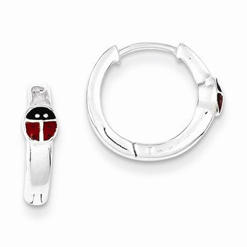 Sterling Silver Rhodium Plated Enameled Lady Bug Hoop Earrings