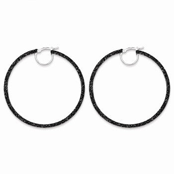Sterling Silver Rhodium & Black Glitter Enamel Glitter Hoop Earrings