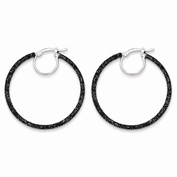 Sterling Silver Rhodium & Black Glitter Enamel Glitter Hoop Earrings